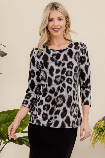 Celeste Leopard Round Neck Three-Quarter Sleeve T-Shirt