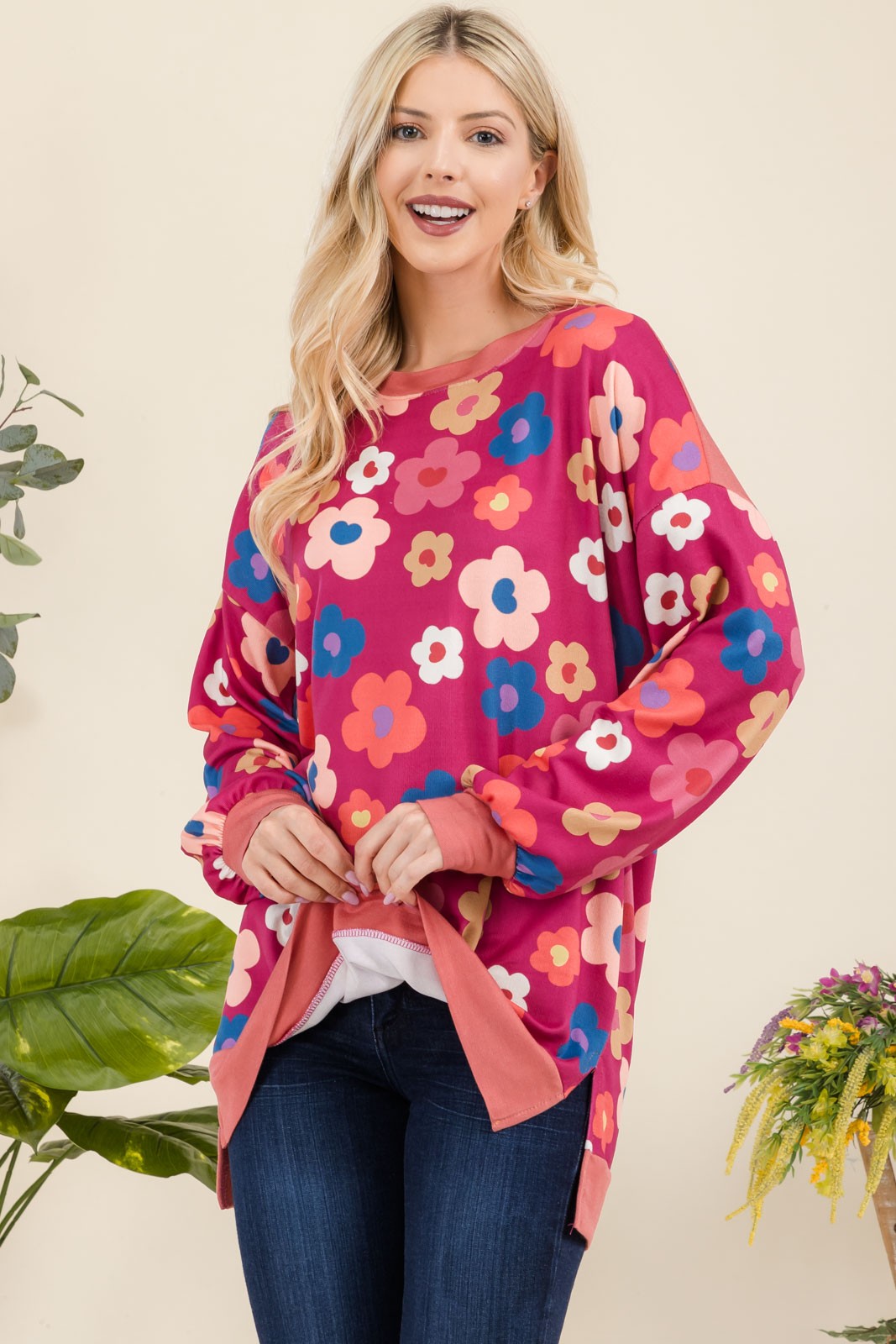 Side Slit Flower Print Long Sleeve Top