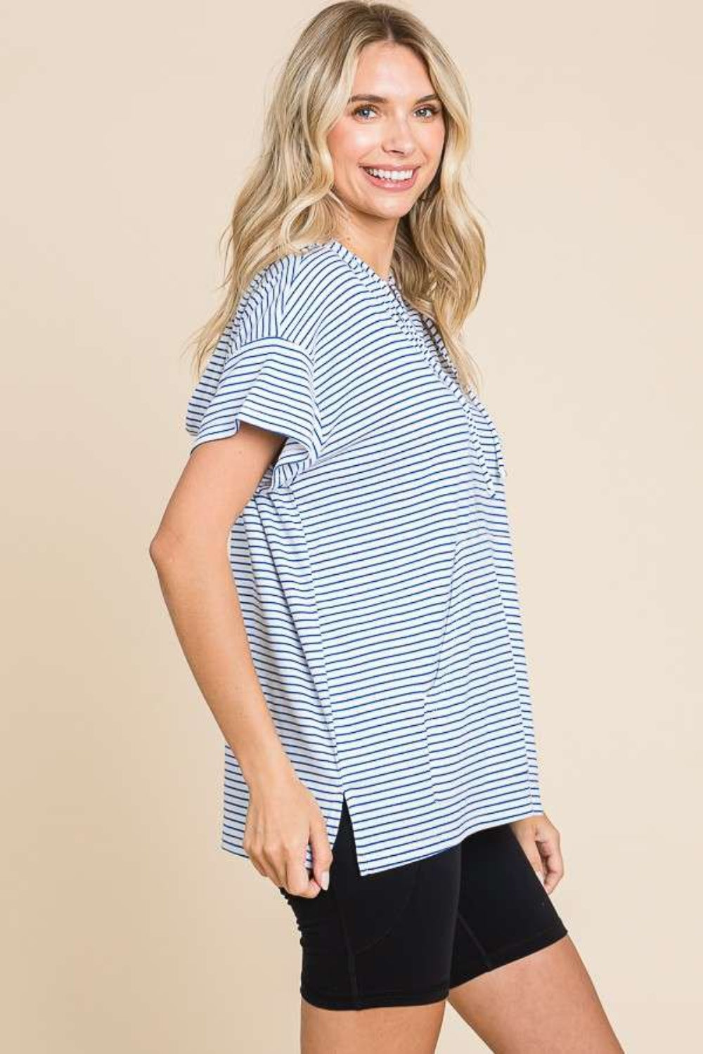 Striped Short Sleeve Hooded Top