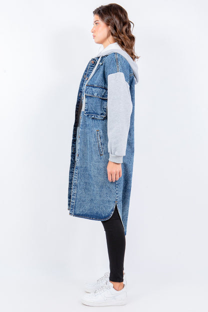 Contrast Longline Hooded Denim Jacket