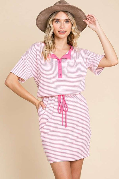 Striped Short Sleeve Mini Dress with Pockets