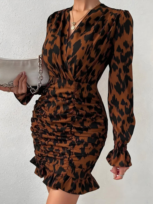 Ruched Ruffled Leopard Surplice Long Sleeve Dress