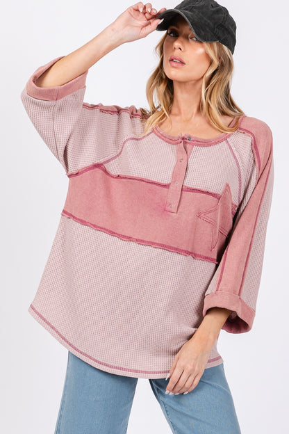 Star Applique Patch Exposed Seam Waffle Knit Top