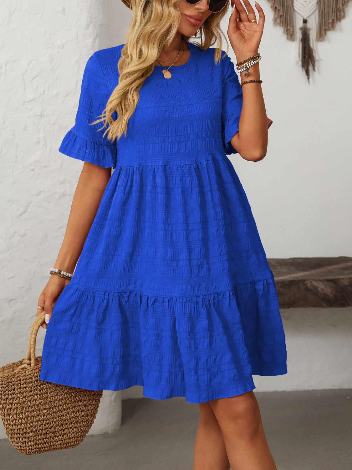Ruffled Ruched Round Neck Half Sleeve Dress