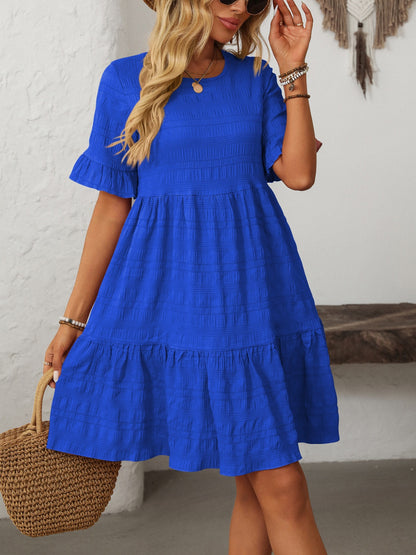 Ruffled Ruched Round Neck Half Sleeve Dress