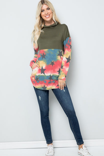 Tie-Dye Star Print Long Sleeve Blouse