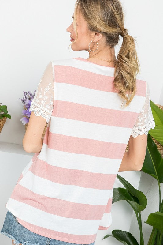 STRIPE EMBROIDERY LACE SLEEVE TOP