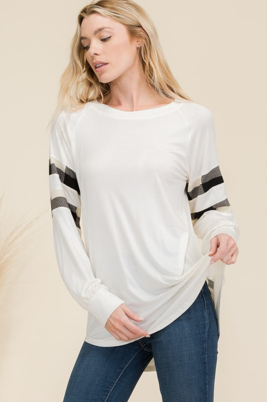 Plaid Detail Long Sleeve T-Shirt