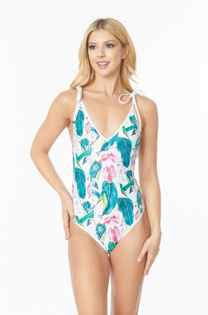 ONE PIECE BATHING SUIT FLORAL PRINT SHOULER TOP TIE