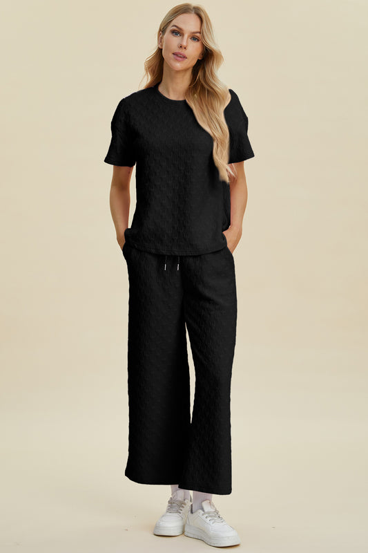 Texture Round Neck Short Sleeve Top and Pants Set