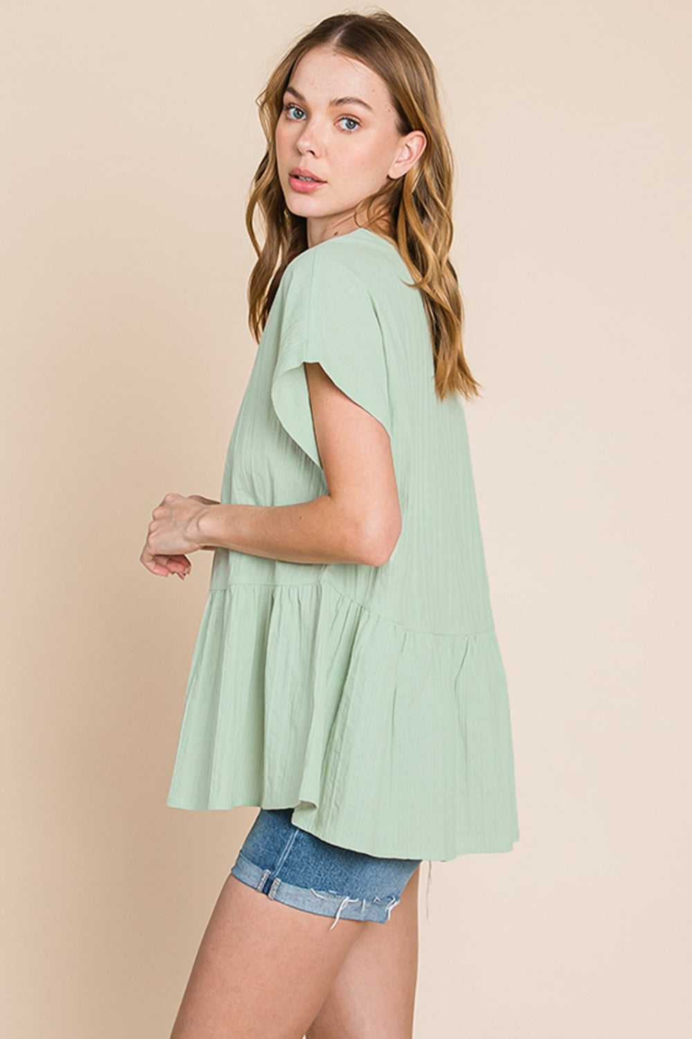 Ruched Notched Short Sleeve Blouse