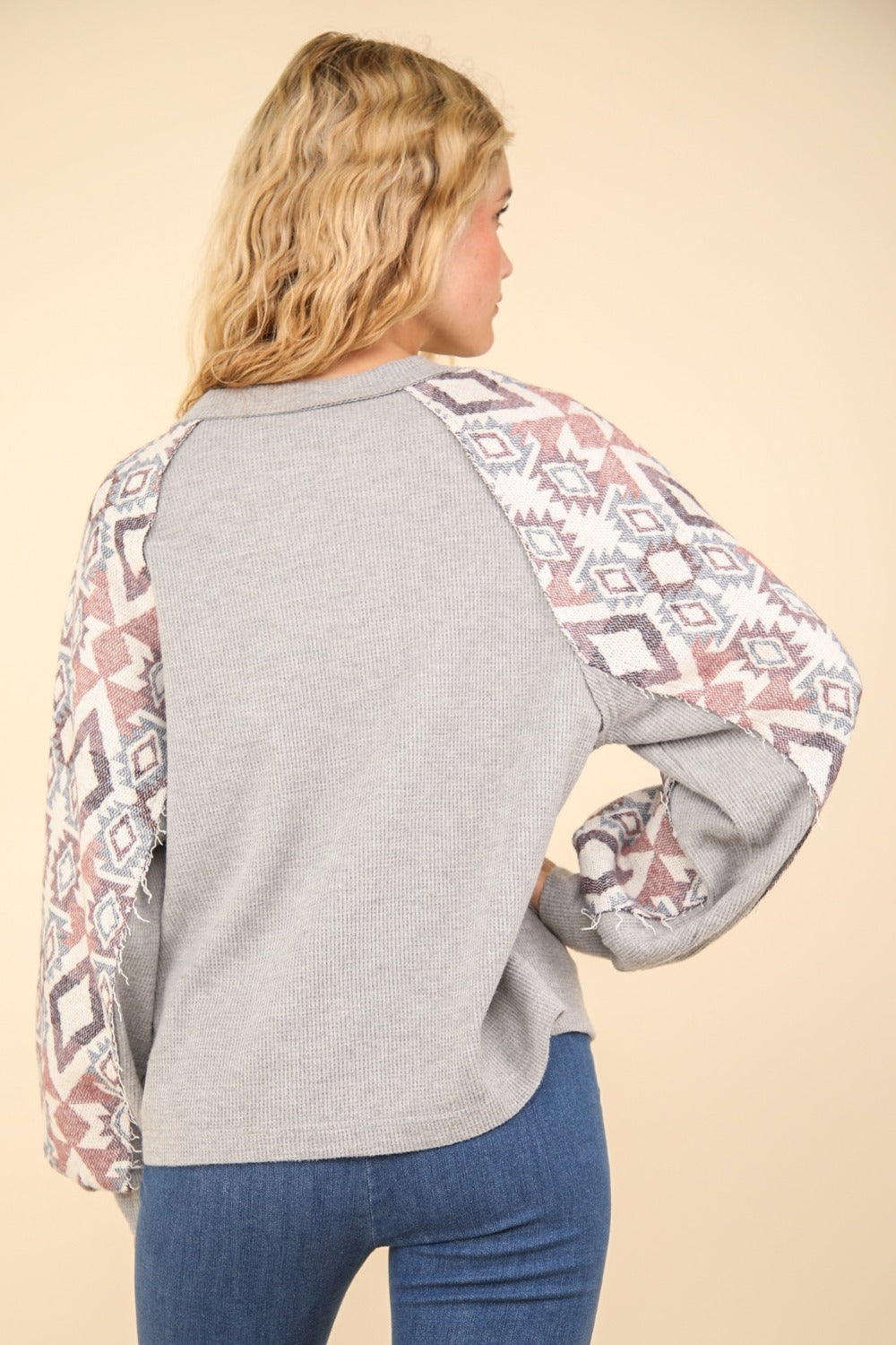 Printed Long Sleeve Round Neck Knit Top