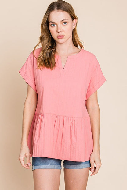 Notched Short Sleeve Peplum Top