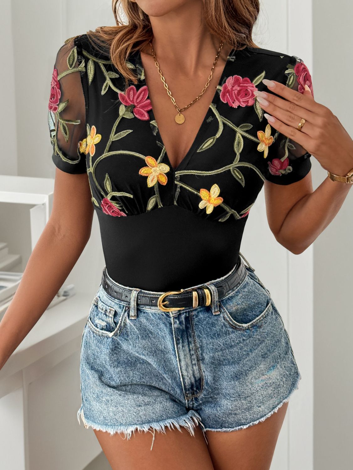 Embroidered V-Neck Floral Bodysuit