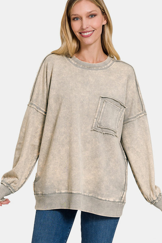 Exposed Seam Round Neck Dropped Shoulder Sweatshirt