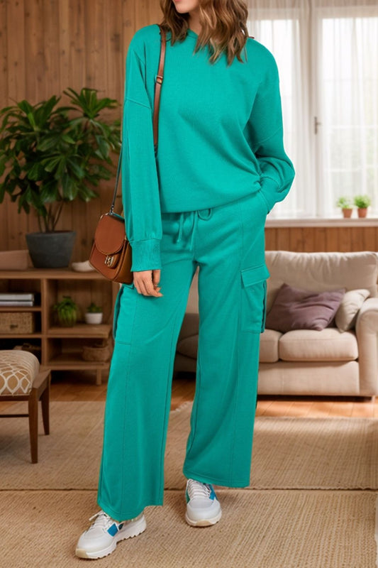 Round Neck Long Sleeve Top and Drawstring Pants Set