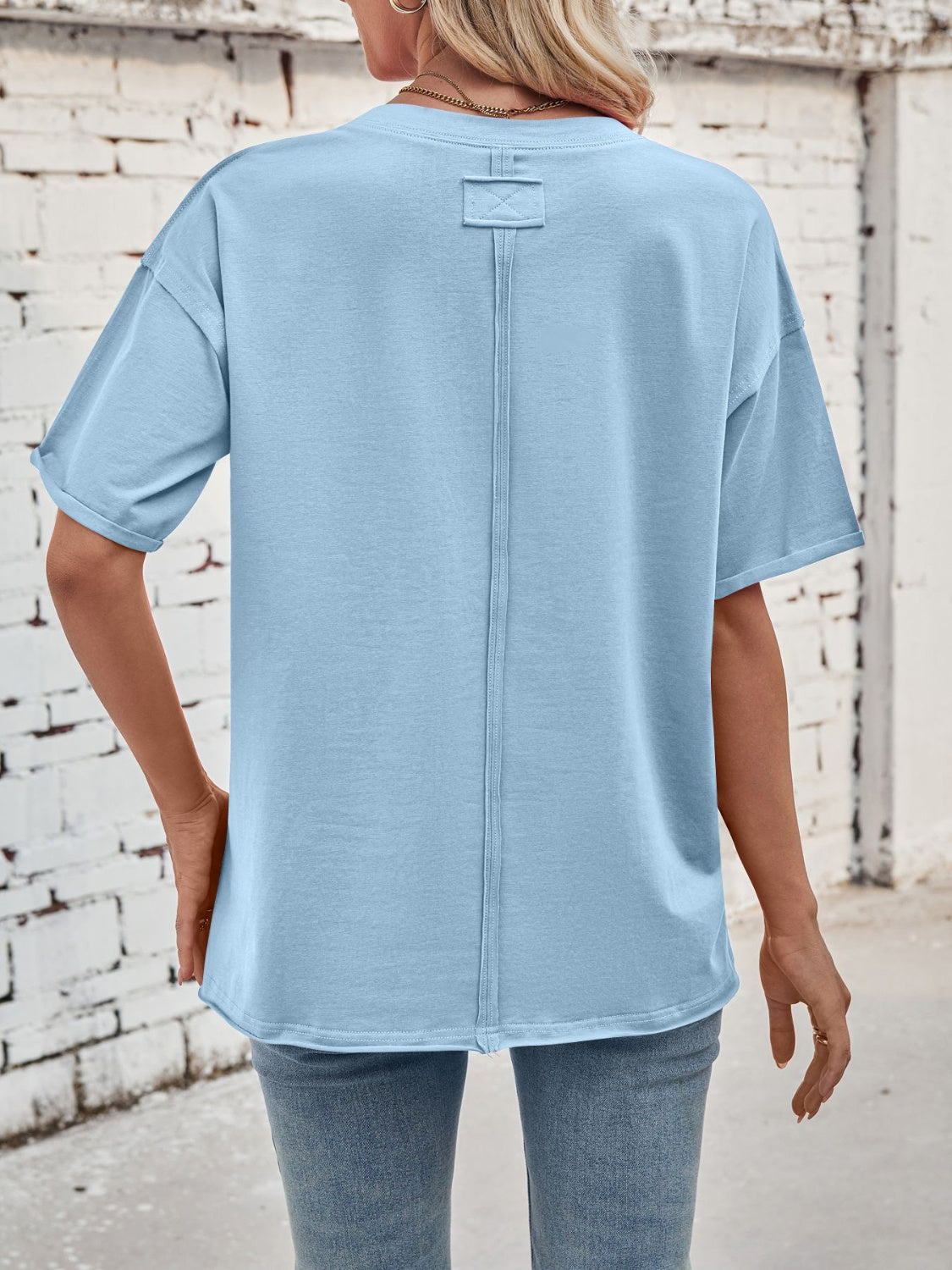 Exposed Seam Round Neck Half Sleeve T-Shirt