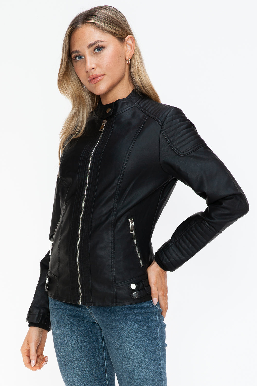 Faux Leather Biker Jacket with Side Zip Pockets