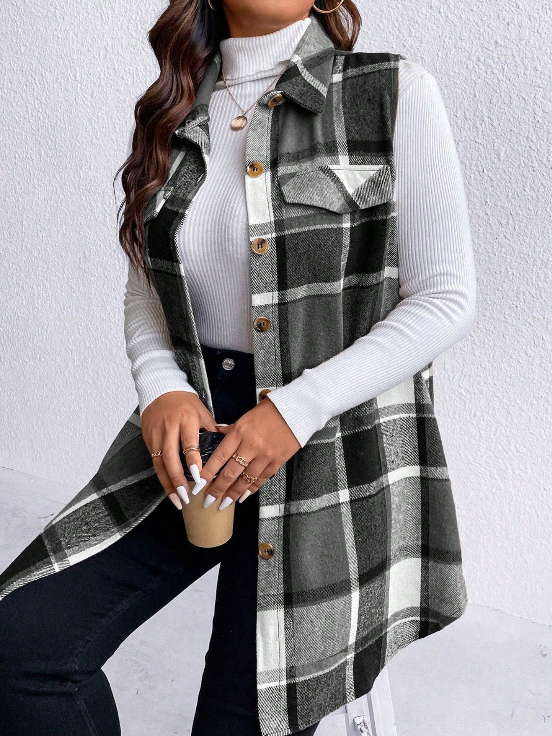 Plus Size Pocketed Plaid Button Up Vest Coat