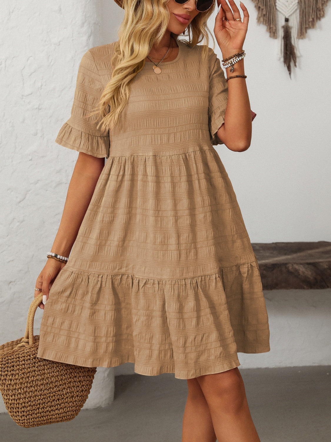 Ruffled Ruched Round Neck Half Sleeve Dress