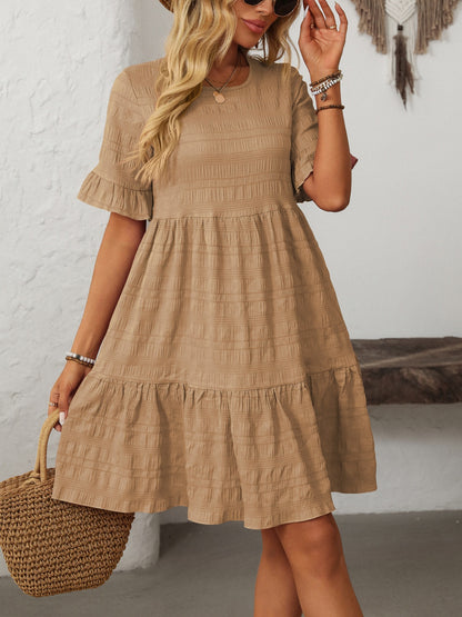 Ruffled Ruched Round Neck Half Sleeve Dress