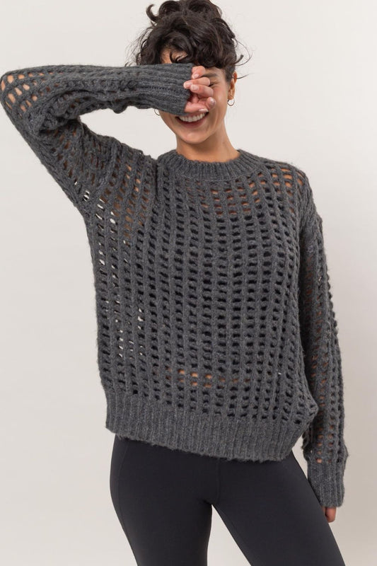 Openwork Round Neck Long Sleeve Knit Cover Up