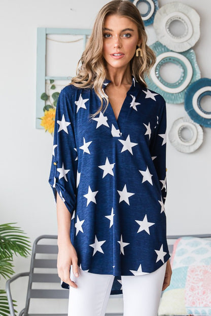 Roll-Tab Sleeve Star Print Top