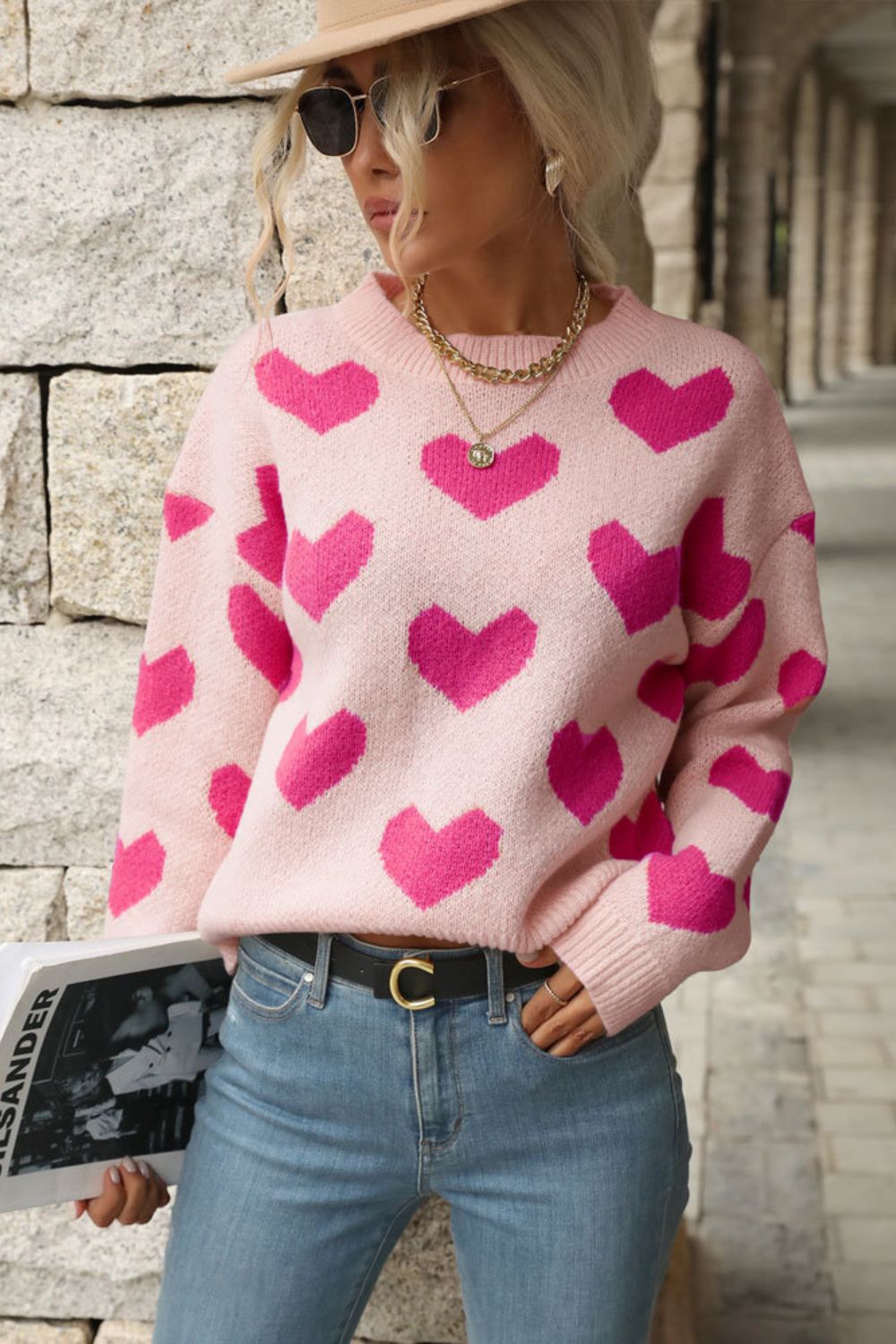 Heart Pattern Dropped Shoulder Sweater