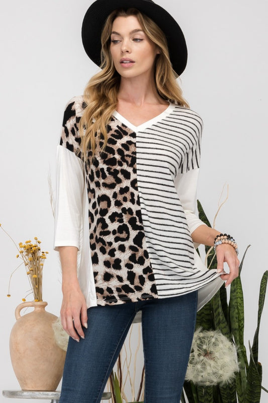 Front Leopard and Striped Print V-Neck T-Shirt