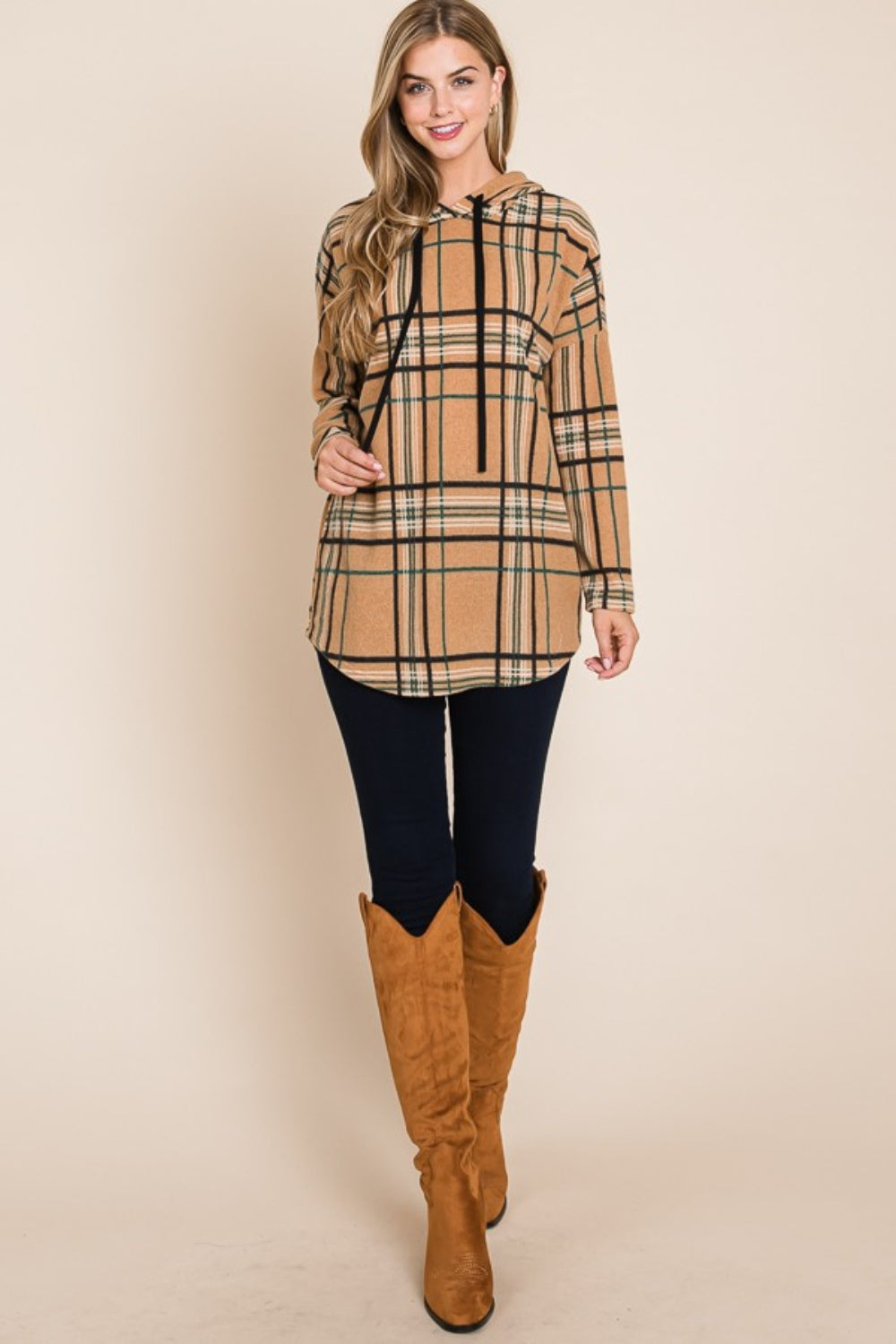 Drawstring Plaid Long Sleeve Hoodie