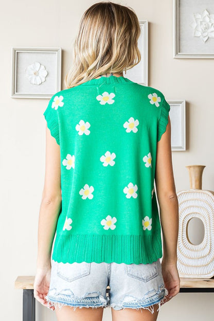 Flower Pattern Round Neck Sweater Vest