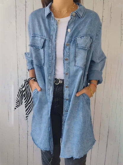 Raw Hem Button Up Long Sleeve Denim Top