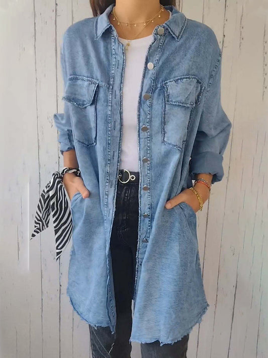 Raw Hem Button Up Long Sleeve Denim Top