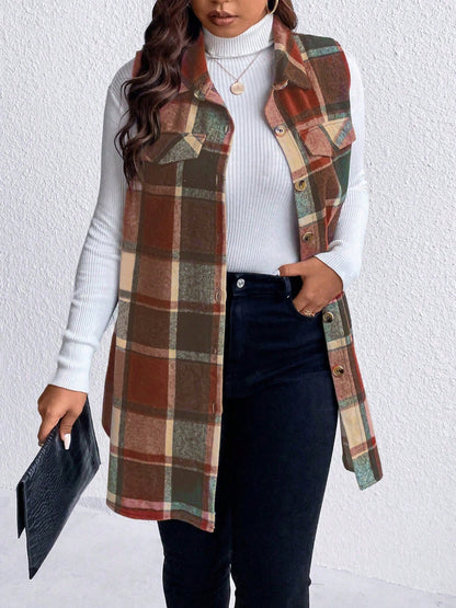 Plus Size Pocketed Plaid Button Up Vest Coat