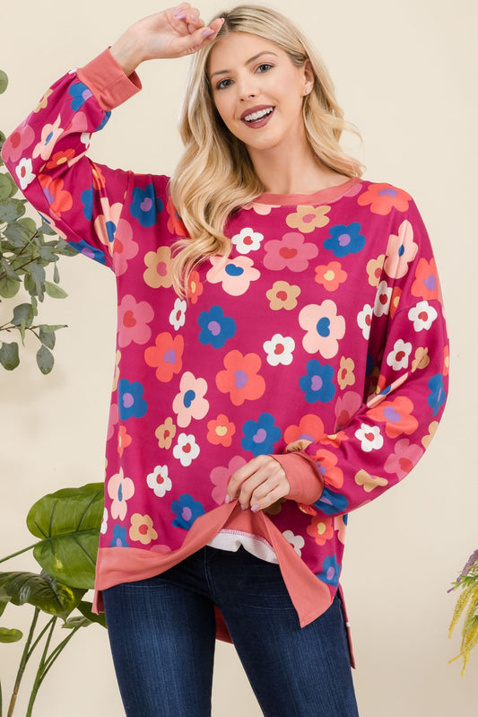 Side Slit Flower Print Long Sleeve Top