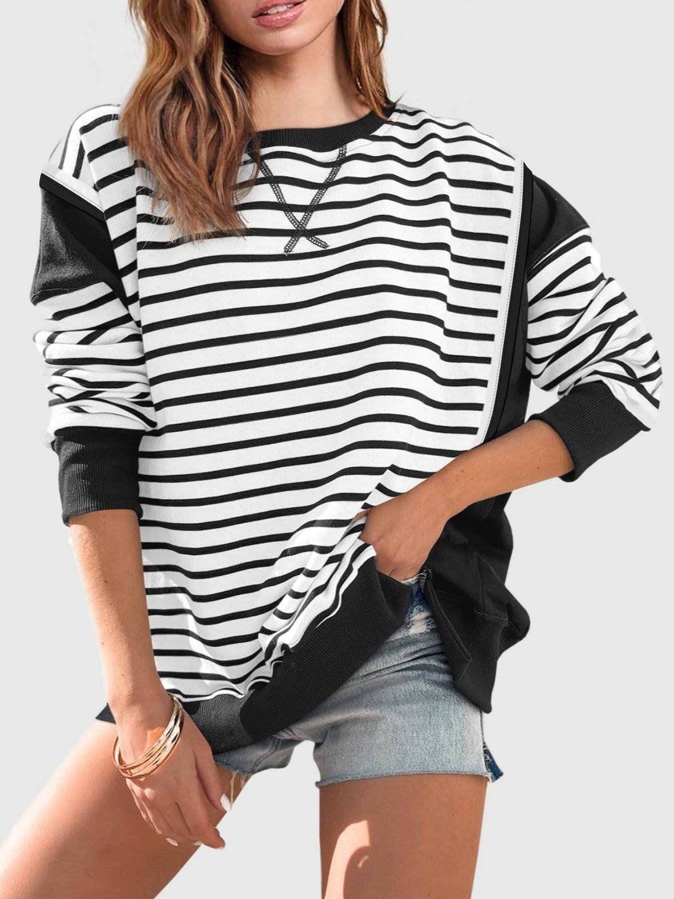 Slit Exposed Seam Striped Long Sleeve Sweatshirt