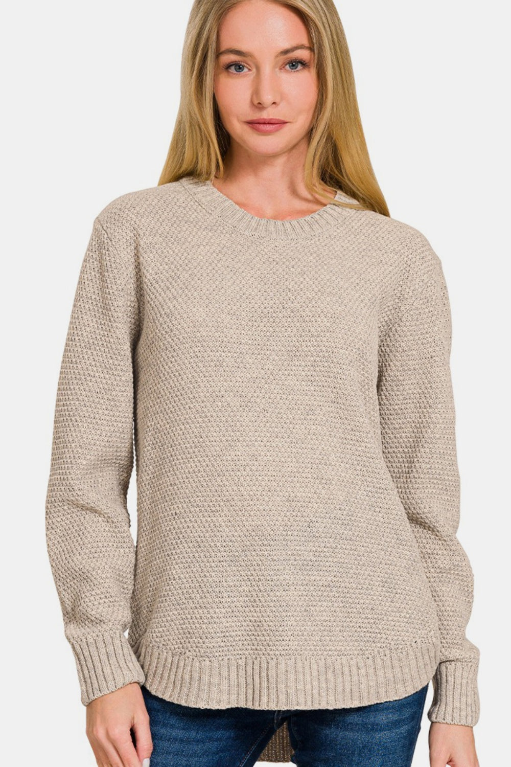 Round Neck Long Sleeve Curved Hem Sweater