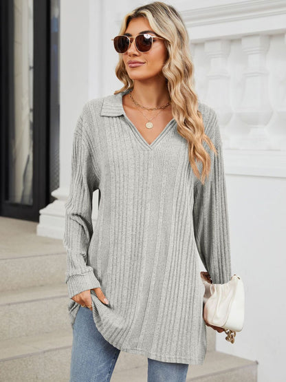 Slit Johnny Collar Long Sleeve T-Shirt