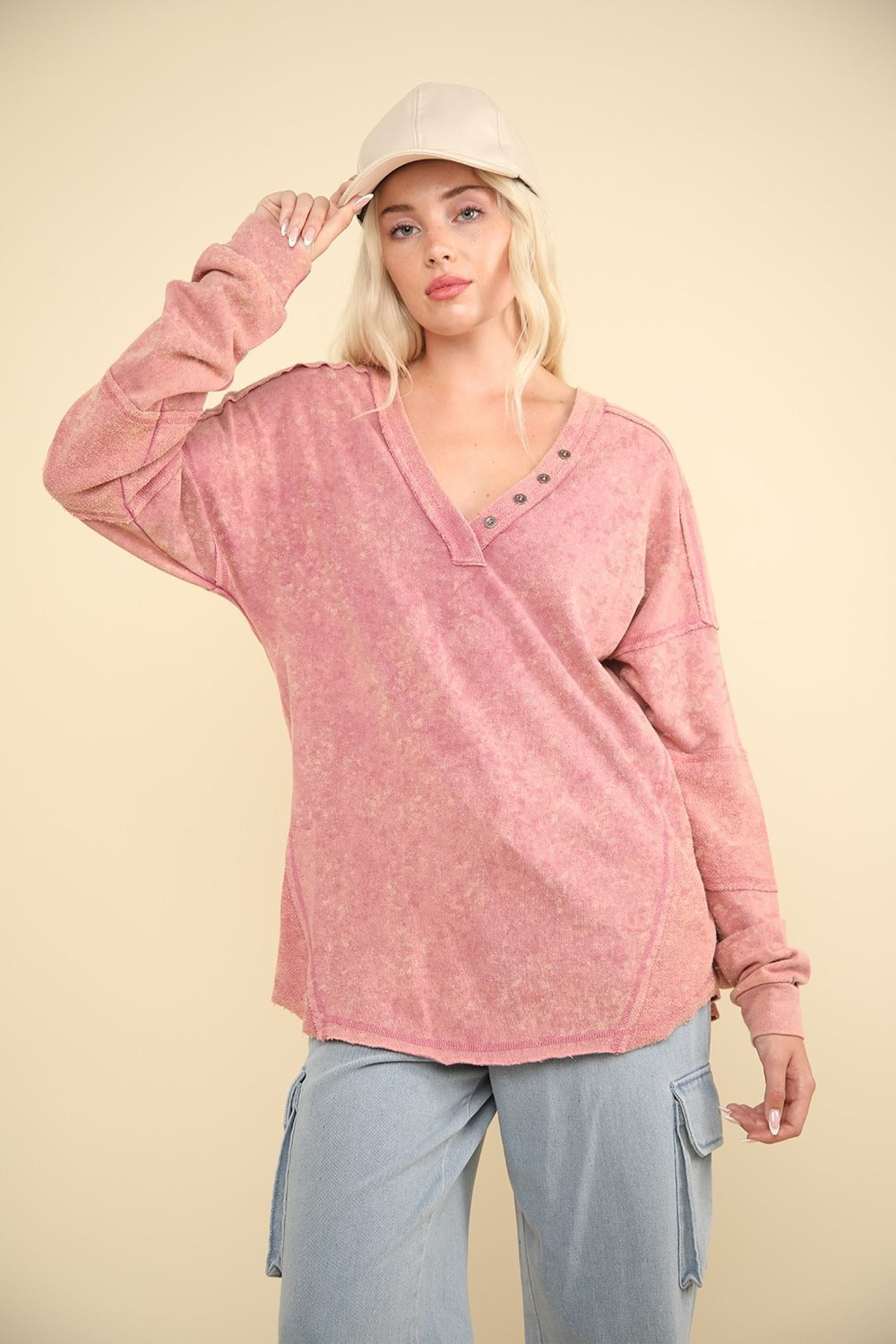 Washed V-Neck Exposed Seam Knit Top