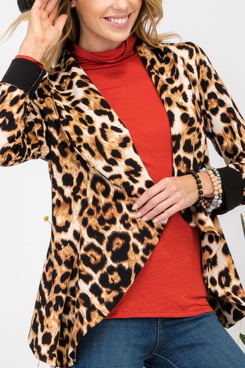 Leopard Open Front Long Sleeve Blazer