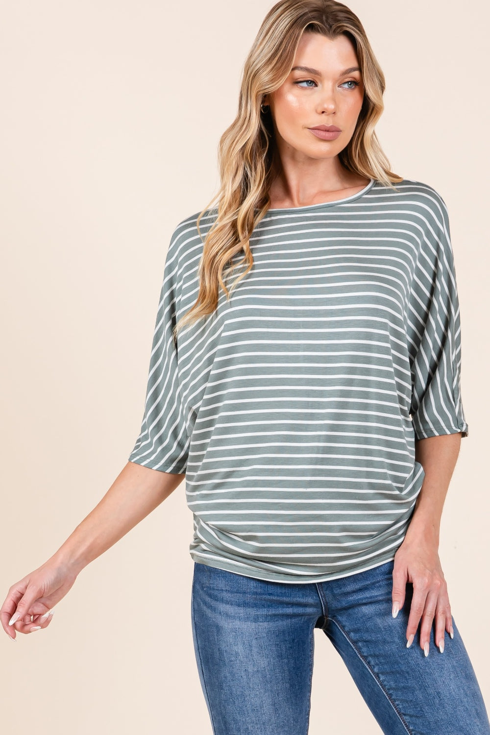 Striped Boat Neck Dolman Sleeve Top