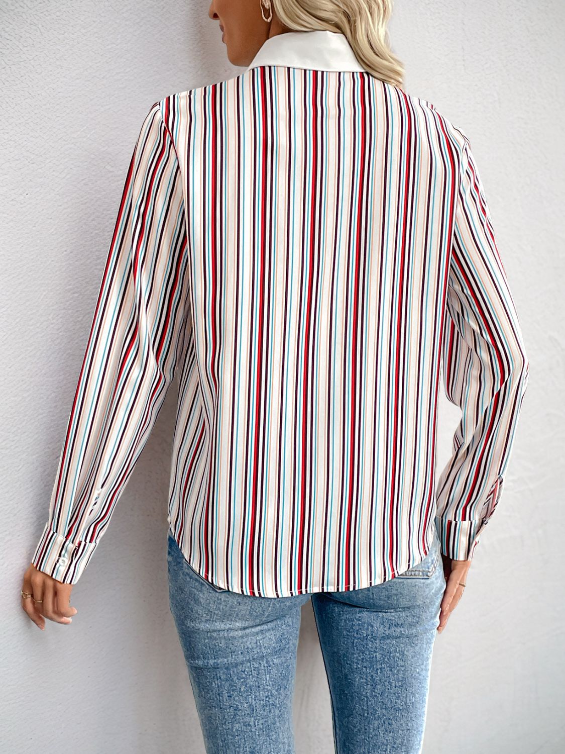 Contrast Striped Collared Neck Long Sleeve Shirt