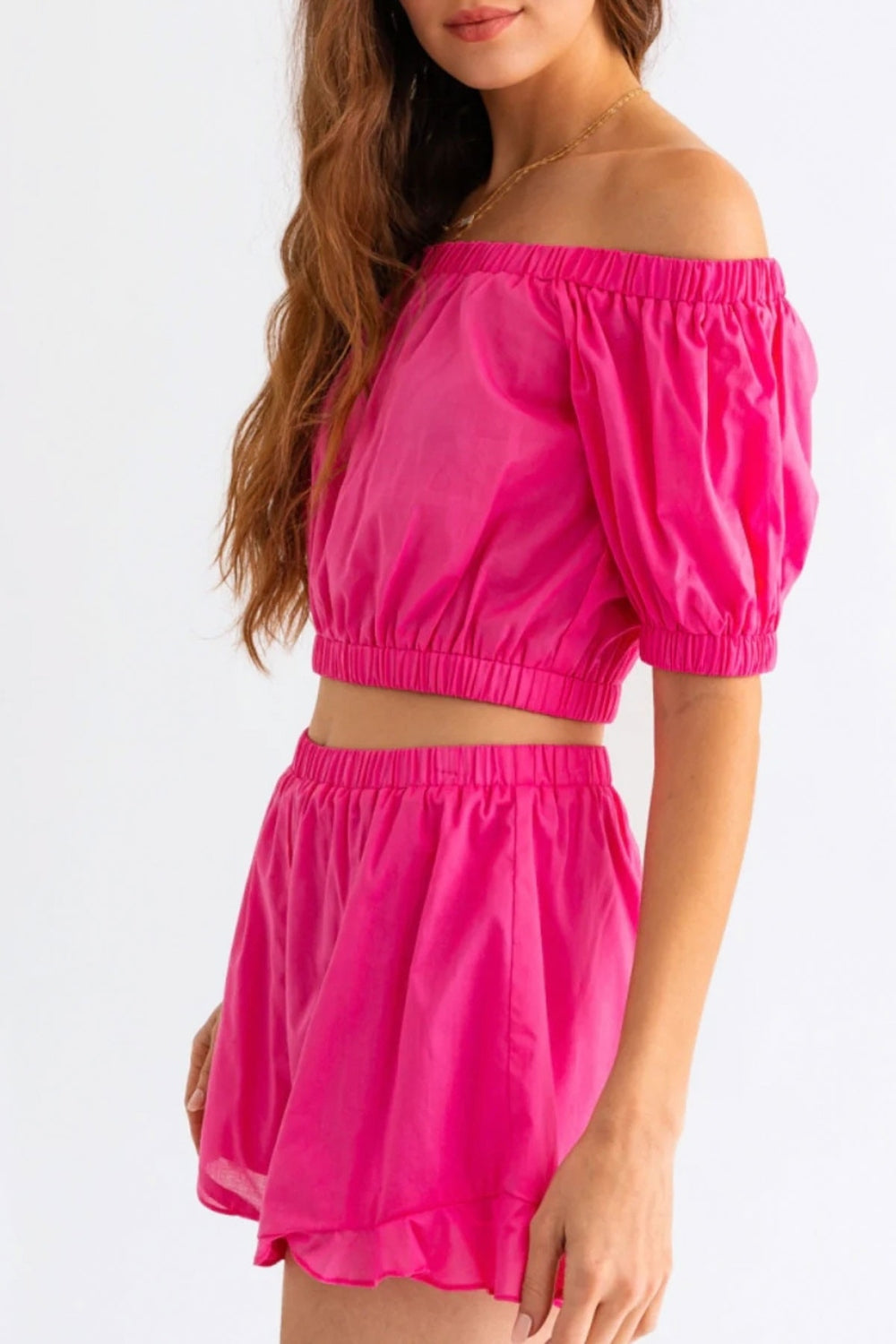 Off Shoulder Crop Top and Ruffled Shorts Set