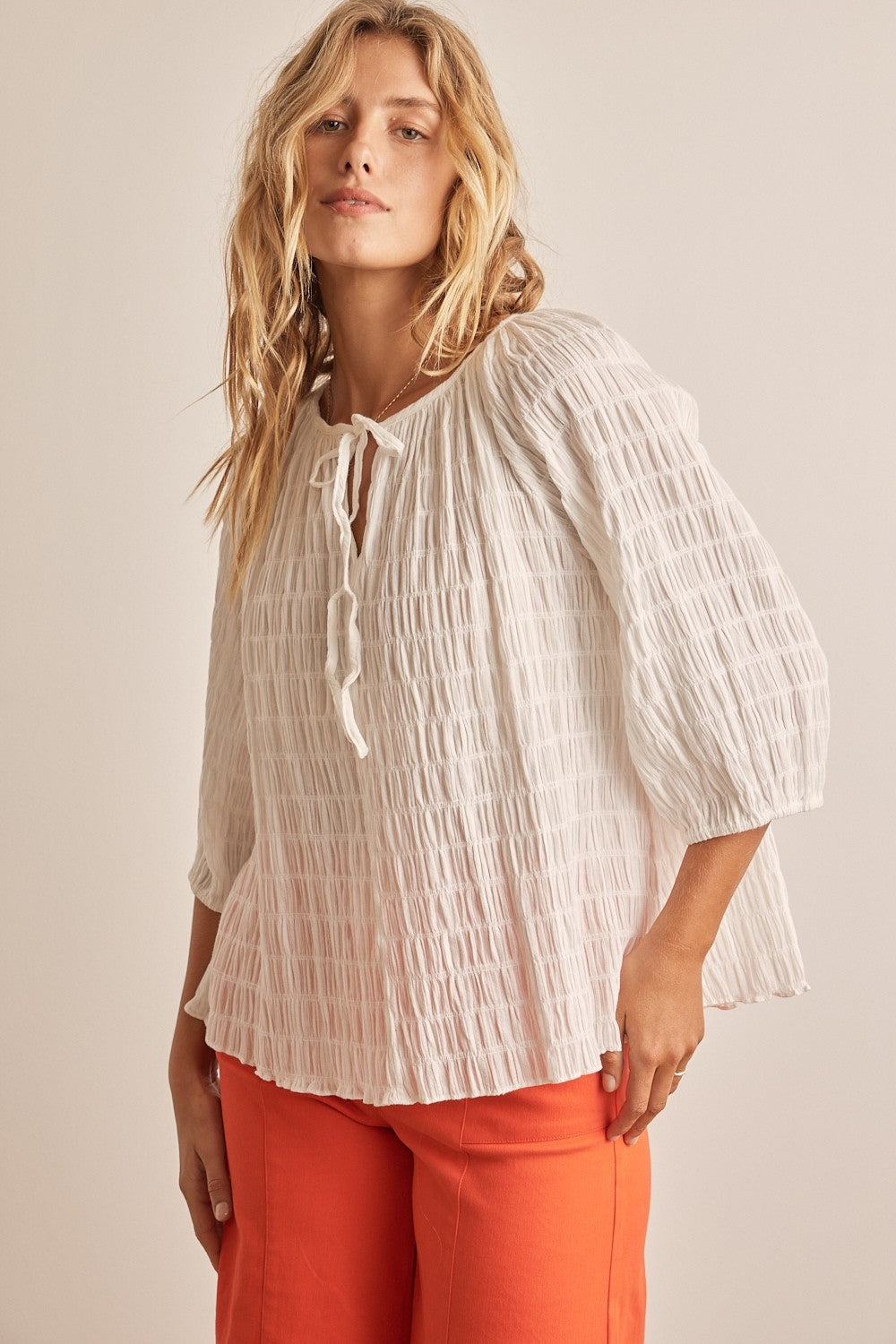 Textured Tie Neck Blouse