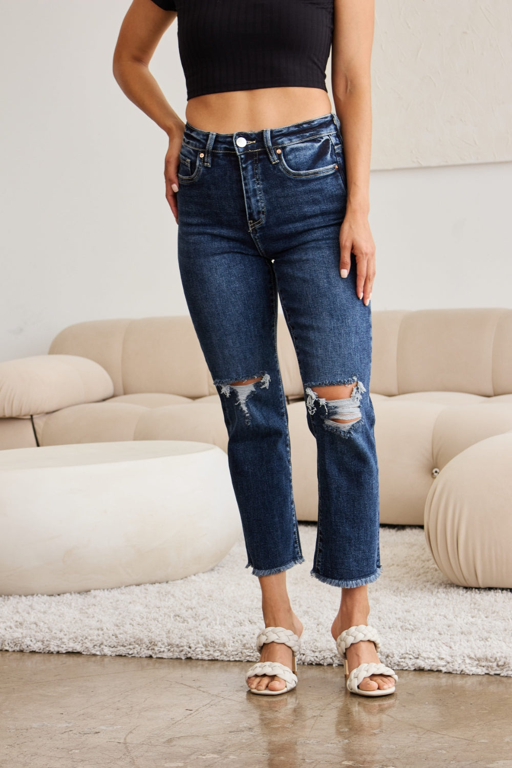 RFM Crop Dylan Tummy Control Distressed High Waist Raw Hem Jeans