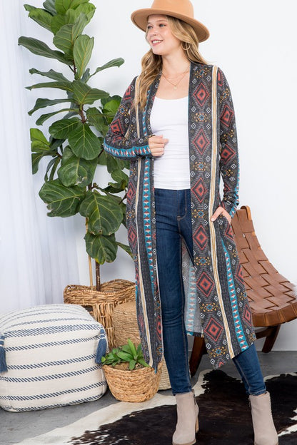 PLUS AZTEC PRINT LONG CARDIGAN