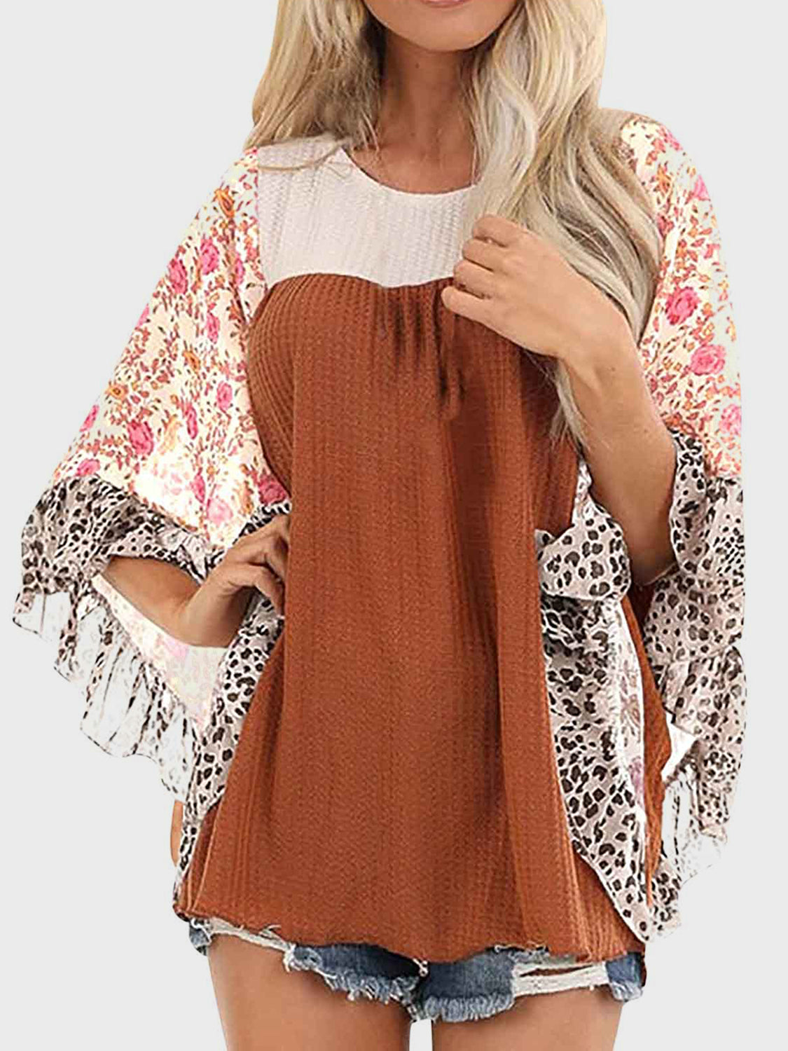 Printed Round Neck Three-Quarter Sleeve Blouse