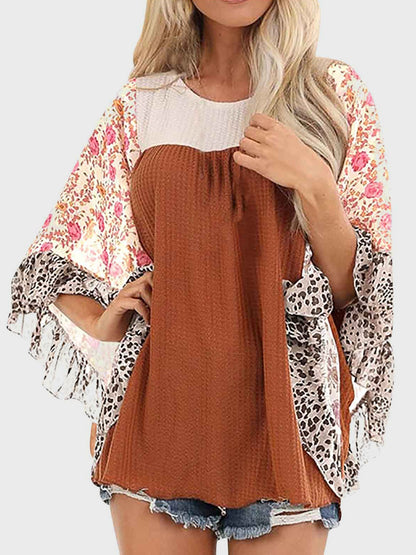 Printed Round Neck Three-Quarter Sleeve Blouse