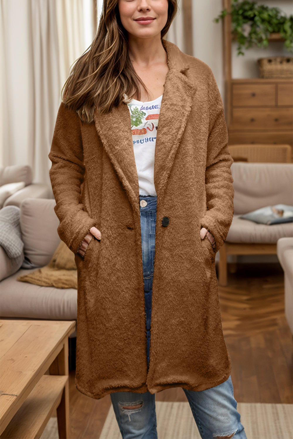 One Button Long Sleeve Longline Plush Coat