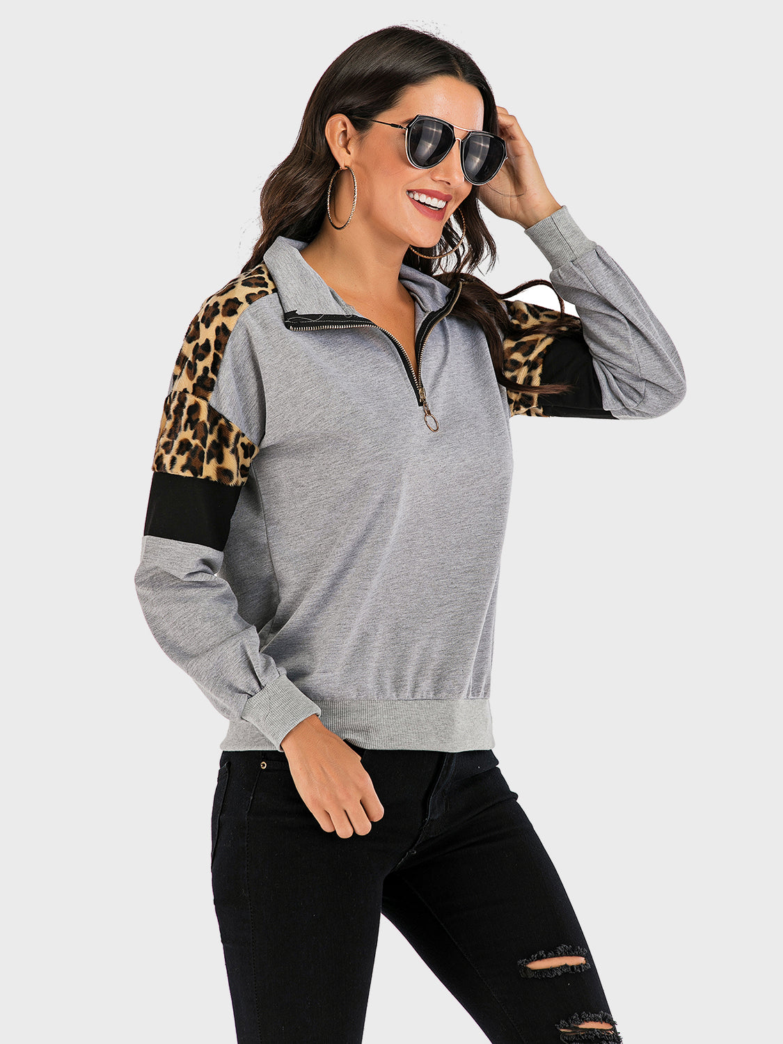 Contrast Leopard Half Zip Long Sleeve Sweatshirt